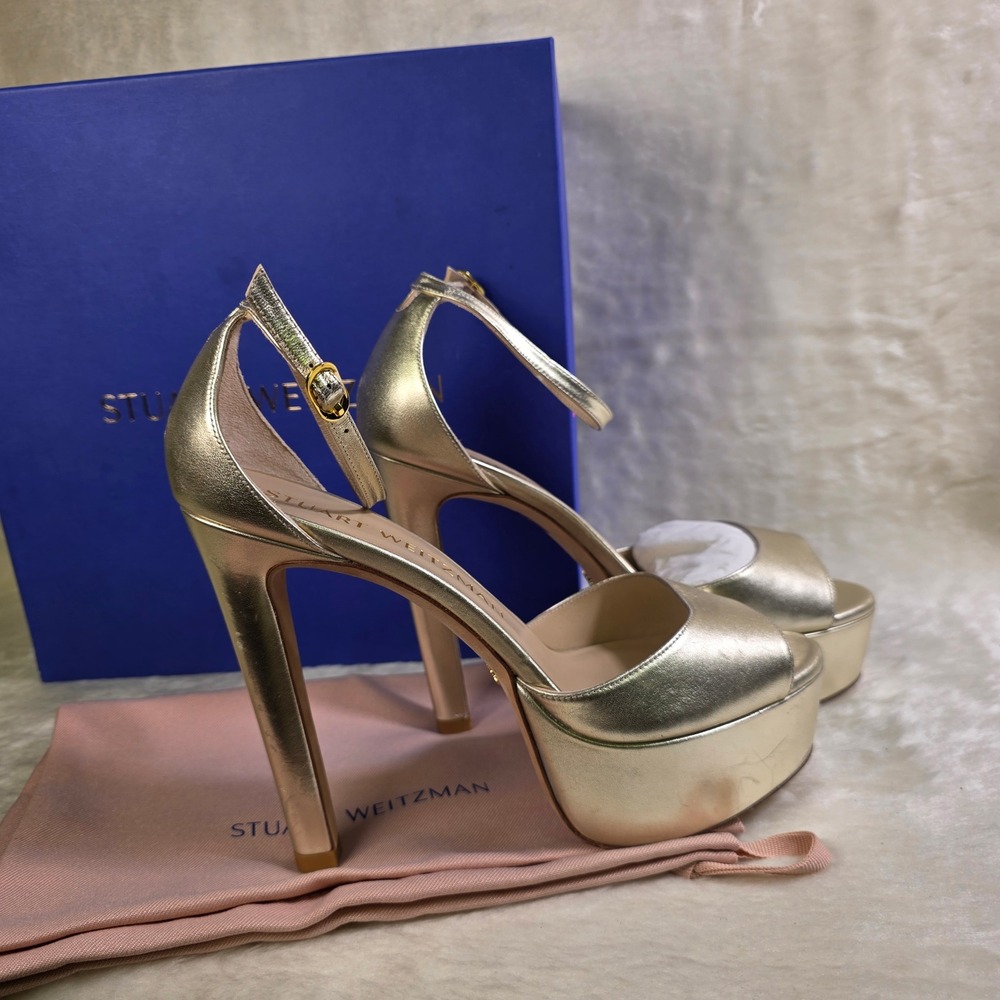 Stuart Weitzman Discoplatform Sandal Gold Metallic Ankle Strap Womens 10 Good - Picture 3 of 9